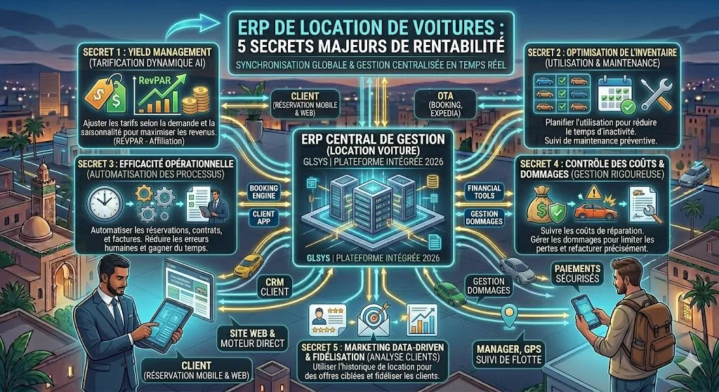le schéma détaillé illustrant comment un ERP de location de voitures optimise votre rentabilité grâce à 5 secrets majeurs